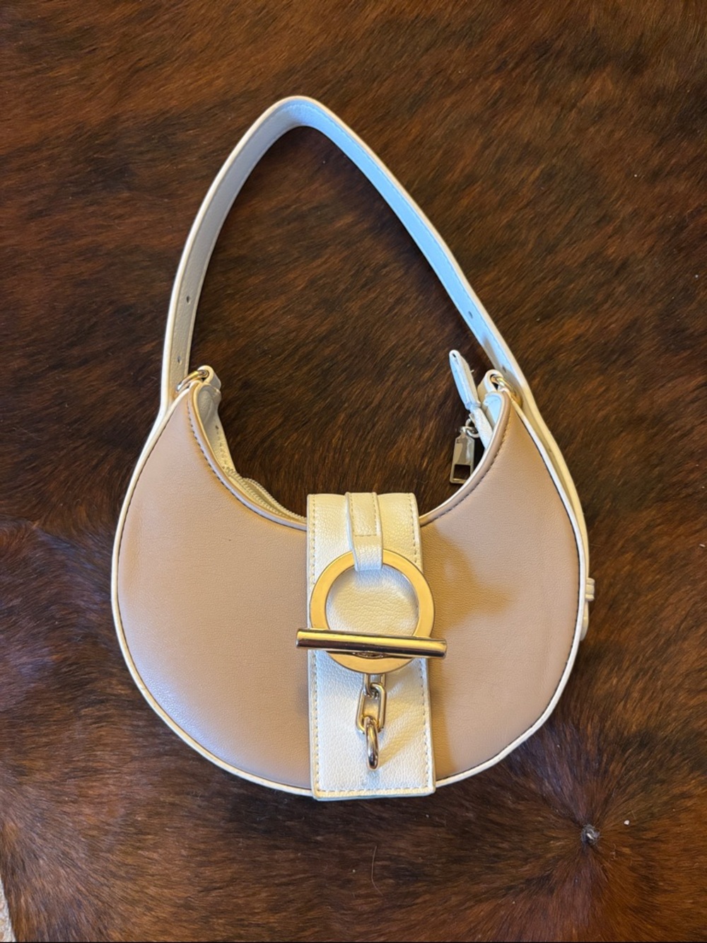 Cream & Taupe Crescent Shoulder Bag with Gold Hardware